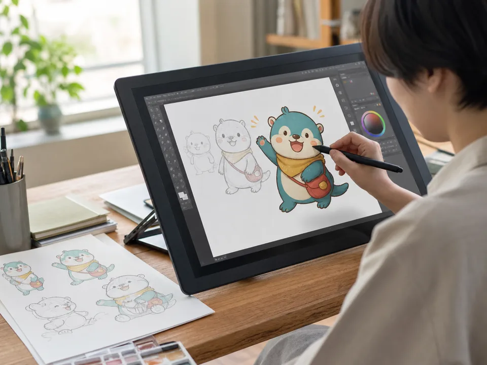 ペンタブレットでキャラクターを描く制作風景