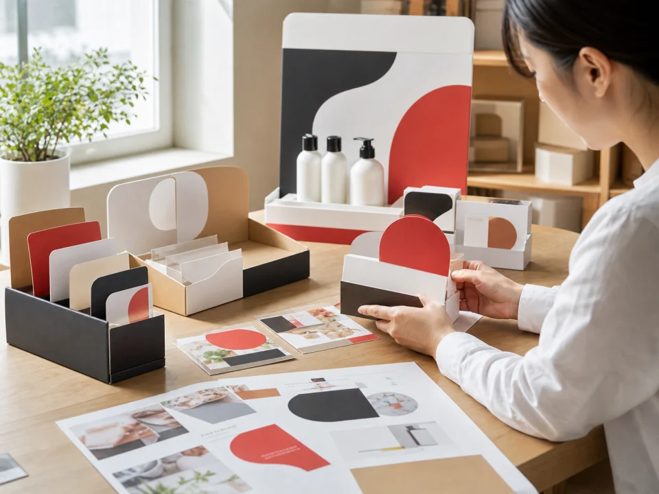 卓上POPとディスプレイ什器の試作品を確認する制作風景