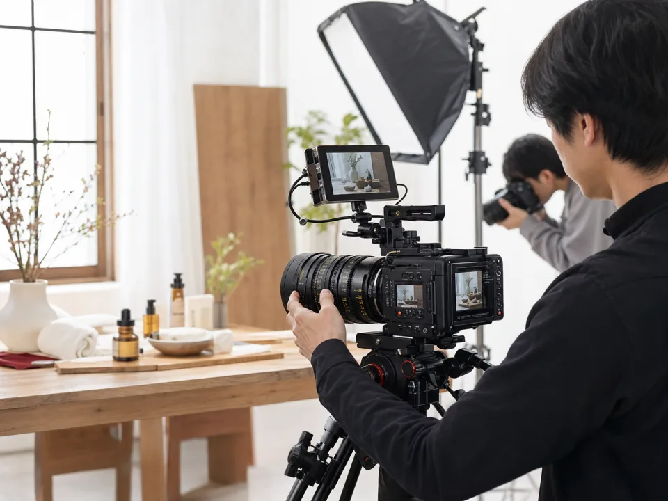 プロ用カメラと照明を使った動画と写真の撮影風景